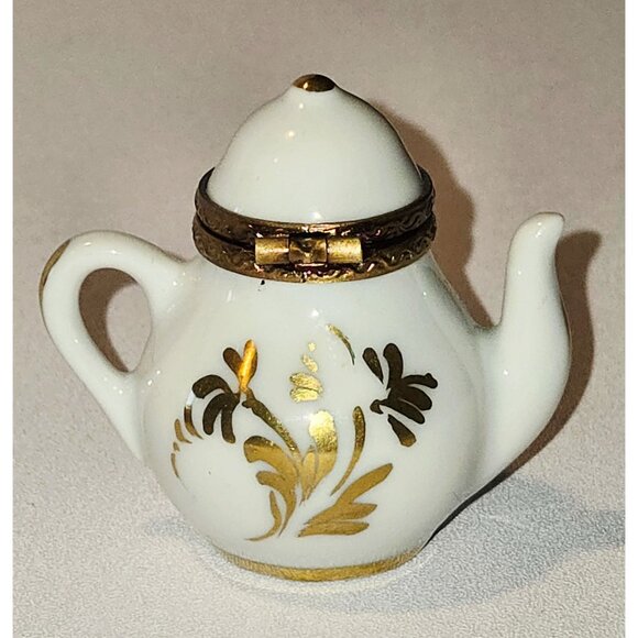Miniature Limoges France Porcelain Teapot Box With Floral Design & Gold Accents - Picture 2 of 6